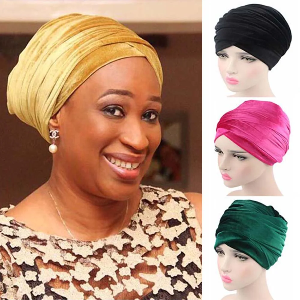 Turbante de terciopelo largo con lentejuelas para mujer, pañuelos para la cabeza, Hijab de lujo, de Color sólido