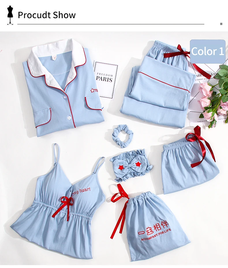 Fashion 7 Pieces Sleepwear Women Checker Warm Soft Cotton Pajamas Set Ladies Pink and White Plaid Cotton Nightwear 7pcs