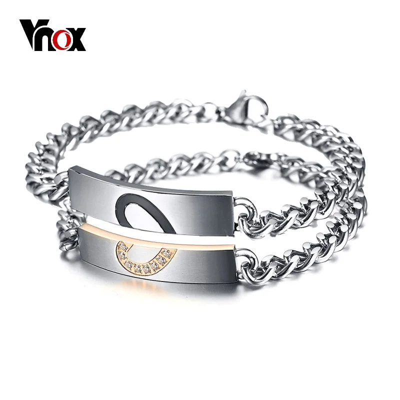 

Vnox Puzzle Heart Couple Bracelets For Women Men CZ Stone Stainless Steel Link Chain Lover Jewelry Anniversary Gift Dropshipping
