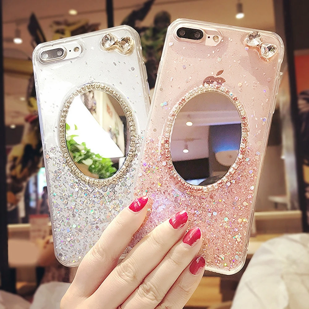Heyytle Cute Glitter Phone Case For iPhone X 8 7 6 6s Plus Cases Mirror Back Cover Buling Crystal Bow Pattern Soft Female Shell |