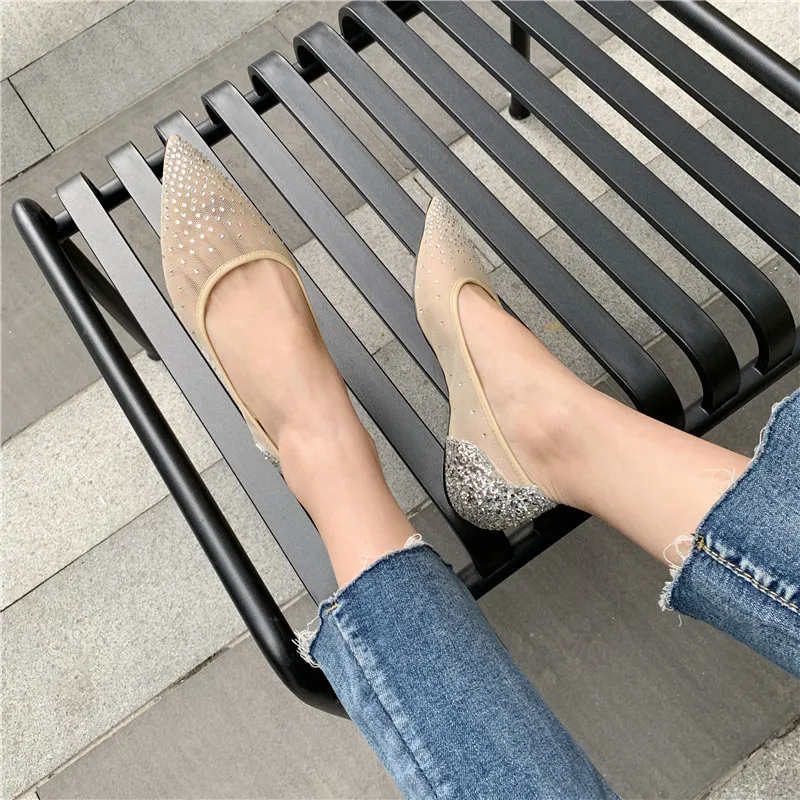 Stylesowner/шикарная пикантная женская обувь на плоской подошве с острым носком, новая свадебная обувь из сетчатой ткани, украшенная стразами, без шнуровки, цвета: золотистый, серебристый, черный