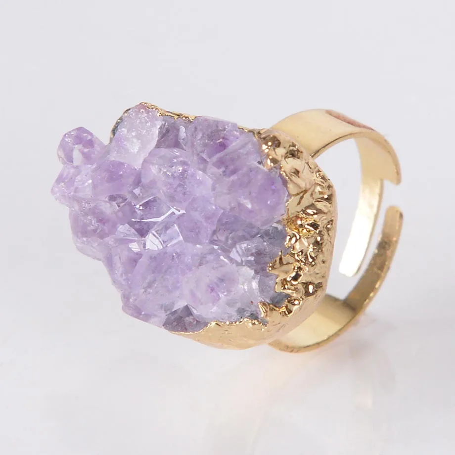 

Purple Quartz Ring Irregular Natural Stone Crystal Druse Jewellery for Women No Finger Size Limited Gold Color Jewelry Z013