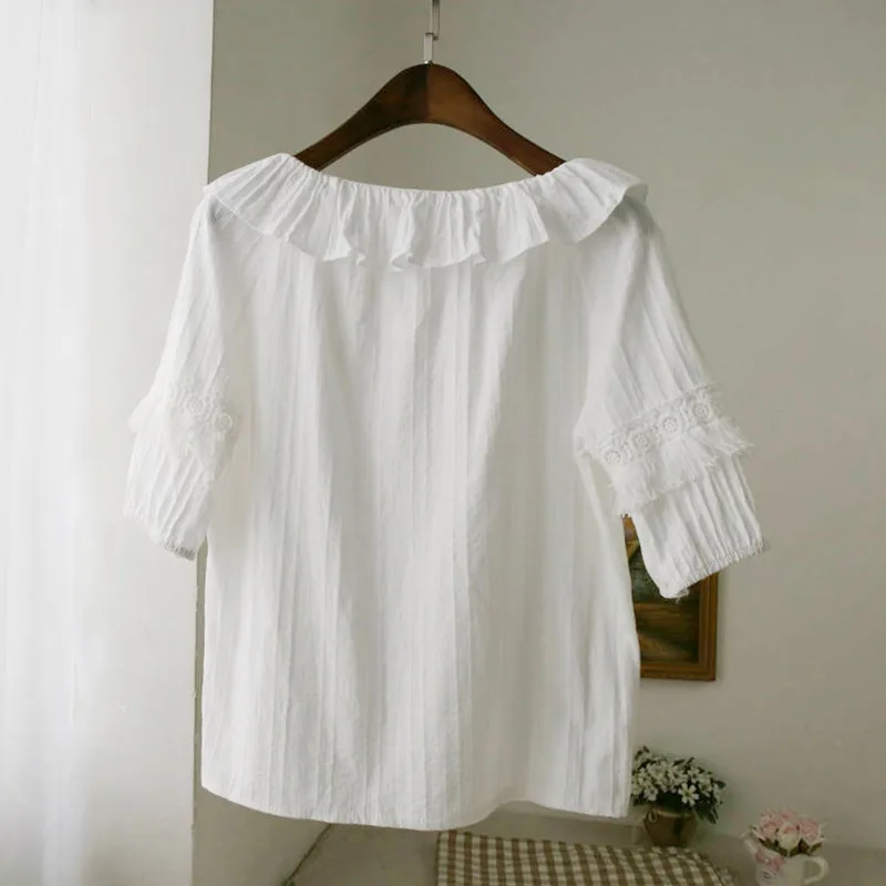 White Shirts Women 2018 Summer Tops Ladies Hollow Out Lace Patchwork Tassel Fringed Short Sleeve Woman Lace up ruffle blouses