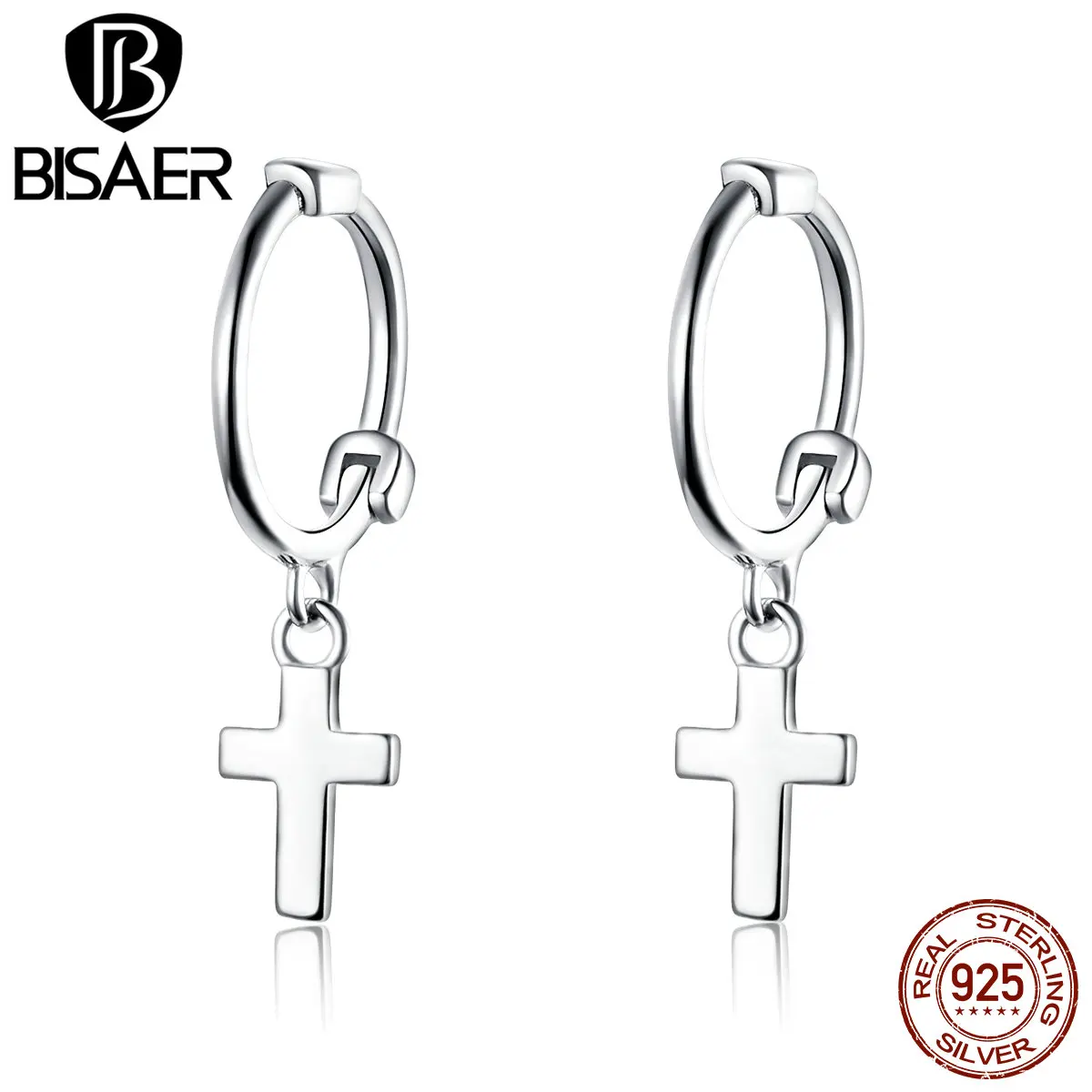 BISAER подлинные 925 пробы серебряные женские серьги-капельки с крестом, женские модные ювелирные изделия из стерлингового серебра в форме Креста ECE547