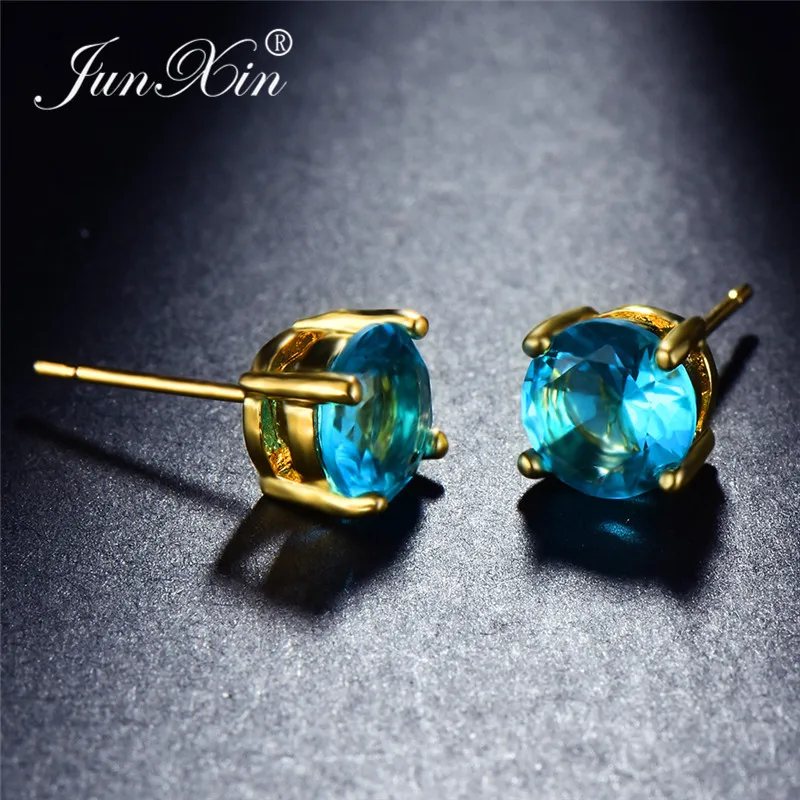 JUNXIN Mystic Multicolor Zircon Round Stud Earrings For Women Yellow Gold Filled Purple Green Blue Stone Wedding Female | Украшения и