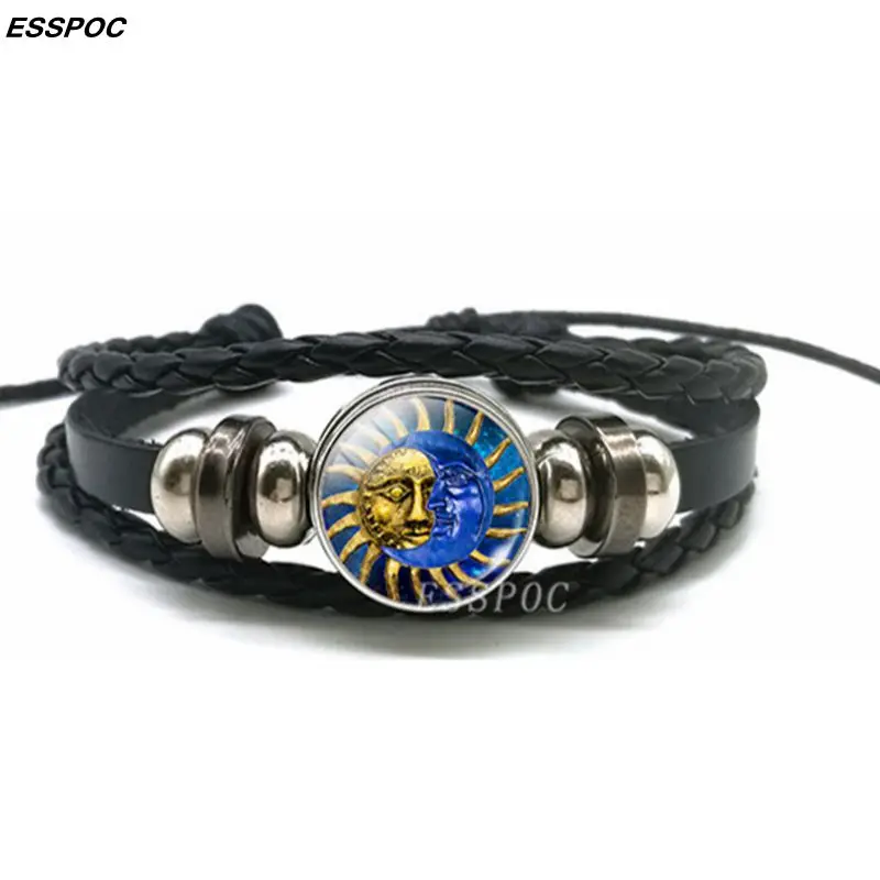 Многослойный женский кожаный браслет с принтом Солнца и Луны|bracelet braided|leather charm