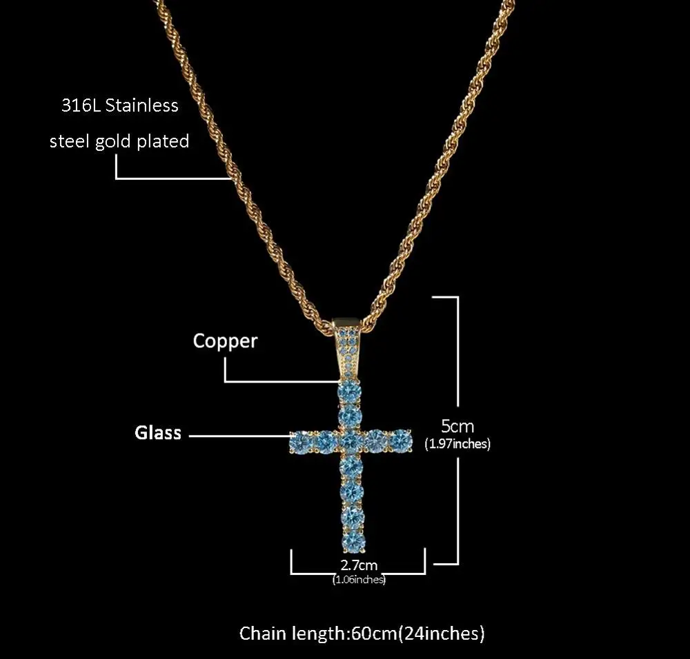 ARMNVNV Hip Hop Sky Blue Cubic Zirconia Cross Pendant Necklaces for Men Jewelry Party Decoration | Украшения и аксессуары