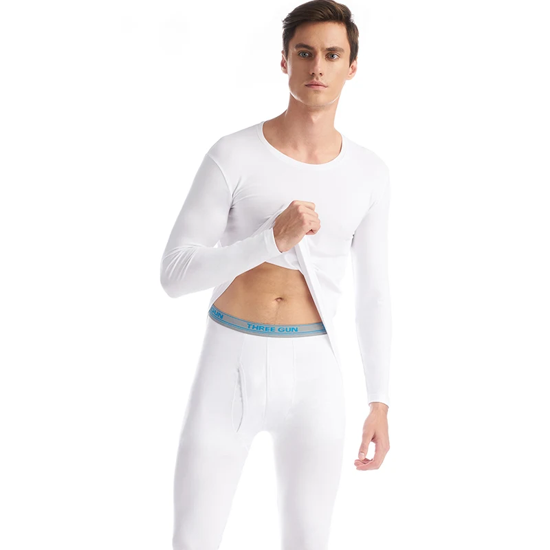 White (Round Neck) THREEGUN Нижнее белье лайкры термобелье мужское V- Шея Термическое нижнее белье Модный пояс термобелье мужское зимнее Теплый джон термопредохранитель лосины мужские пижама рубашка+ Штаны комплект из 2 предметов теплый - Цвет: White (Round Neck)