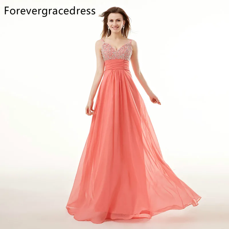 

Forevergracedress реальное изображение коралловый платье для выпускного вечера новый Дизайн Дешевые бисера Кристаллы спинки Длинные официальная В...
