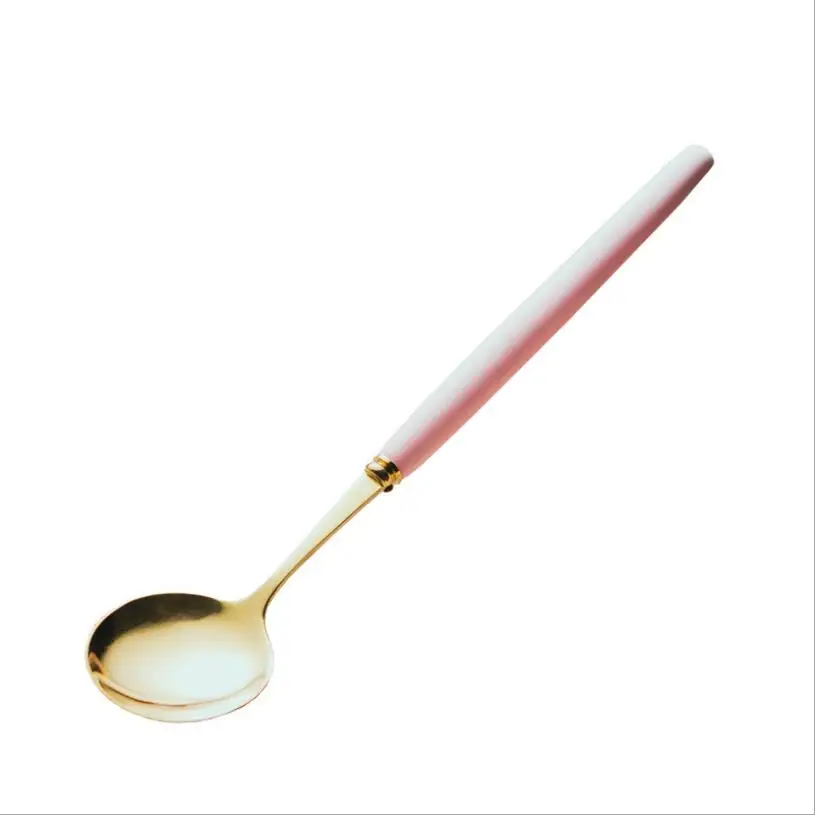 Pink spoon Креативная керамическая ручка из нержавеющей стали нож вилка ложка титановая покрытая посуда белый красный розовый синий черный - Цвет: Pink spoon