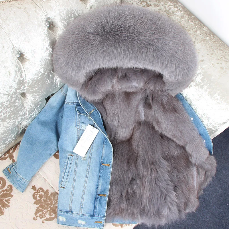 K44 Lightgrey Женская зимняя мягкая теплая джинсовая куртка с подкладкой из натурального Лисьего меха, парка с воротником из лисьего меха, модная куртка, зимнее теплое меховое пальто - Цвет: K44 Lightgrey
