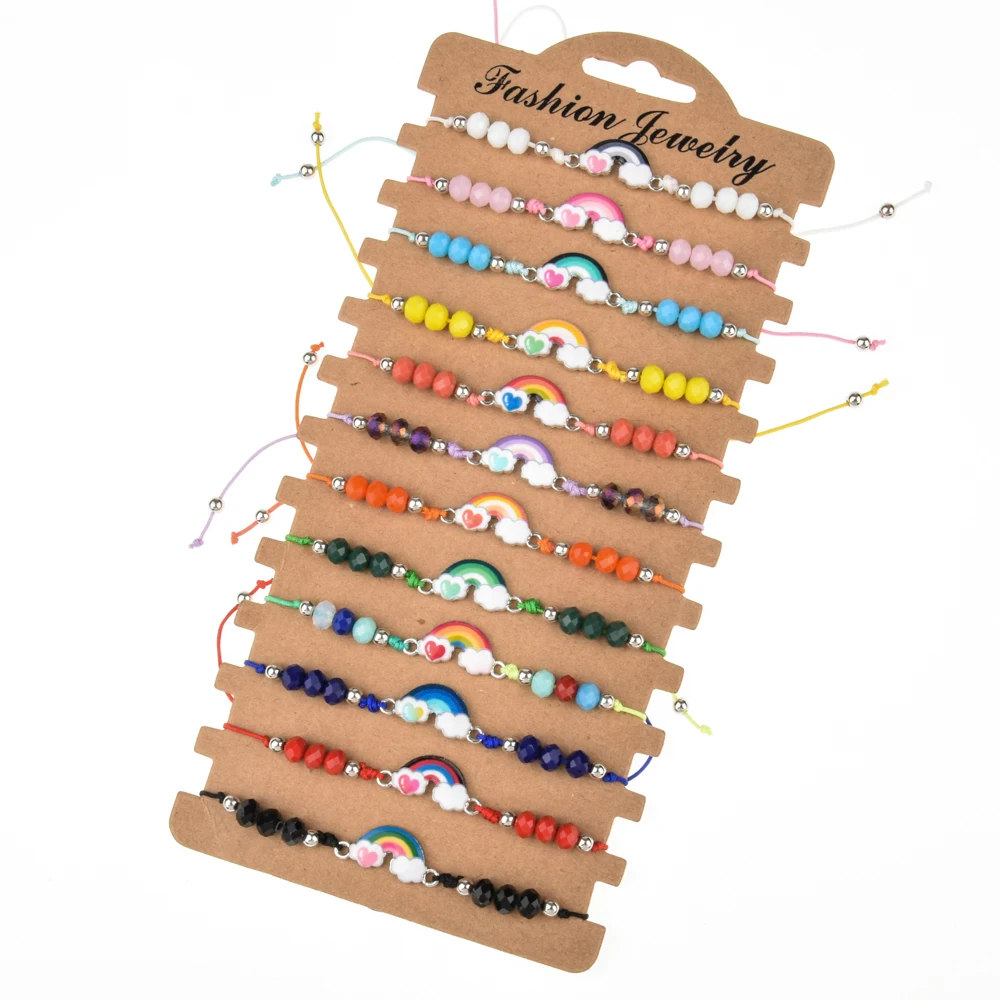 Bohemian 12pcs/lot Multi Rainbow Charms Braided Bracelet for Women Child Crystal Bead Adjustable Rope Chain Yoga Anklet Jewelry