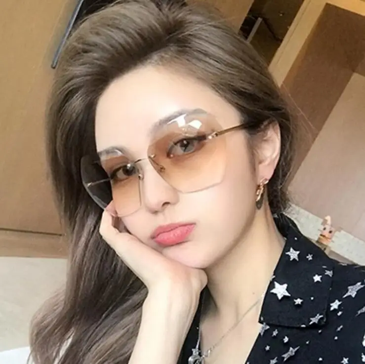 

2021 Luxury Vintage Rimless sunglasses women Brand Designer Oversized sunglasses Female sun glasses for lady Mirror Shades UV400