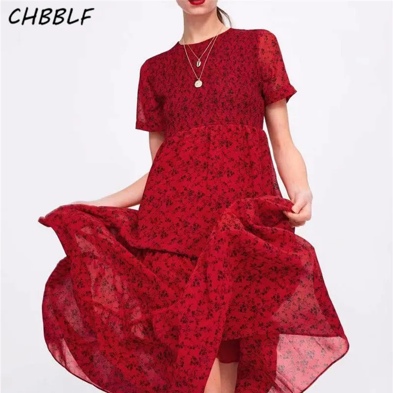 Женское длинное платье CHBBLF Красное с коротким рукавом и эластичной талией