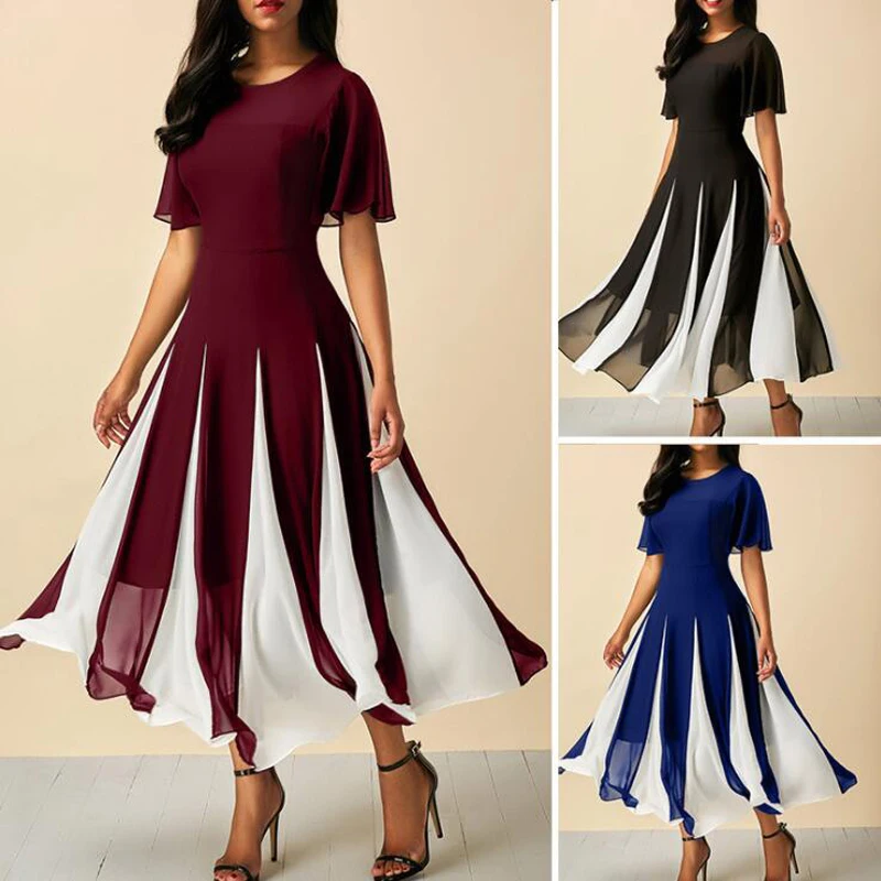 

2018 New Round Neck Short-Waist Waist Women Dress Vestidos Verano 2018 Hem Colorblock Pleated Chiffon Summer Party Long Dress