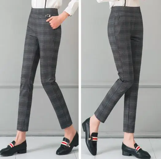 Charm Gray Plaid Новые женские клетчатые брюки полной длины с высокой талией весна/осень Фитнес Брюки с карманами размера плюс 3XL 4XL 5XL - Цвет: Charm Gray Plaid