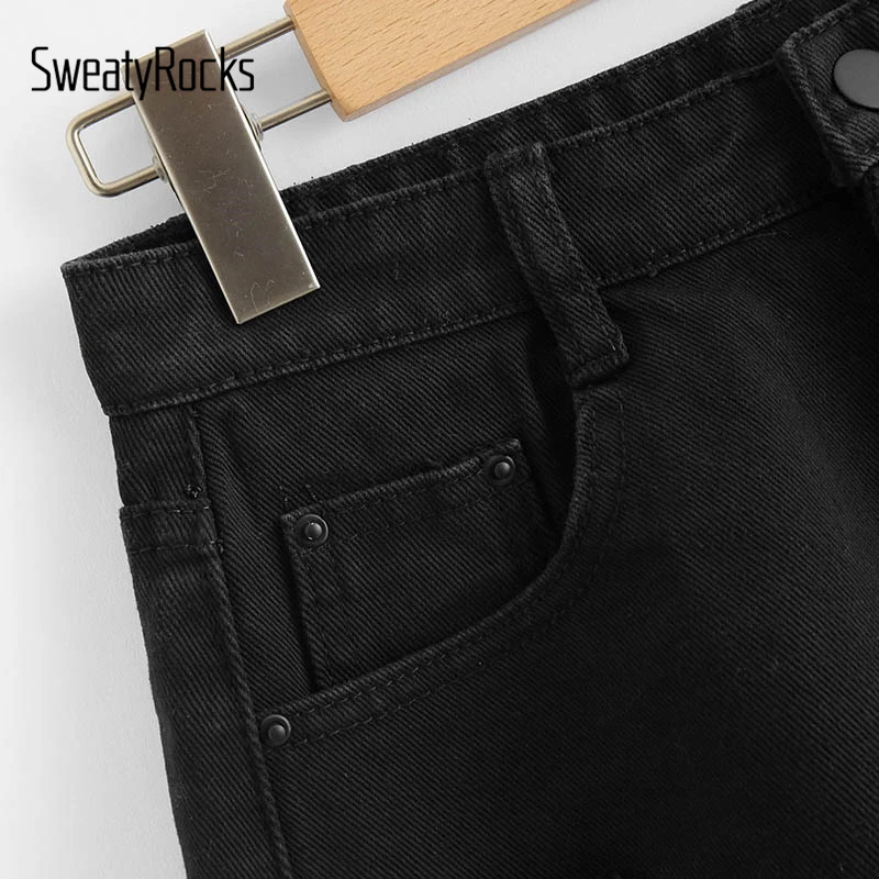 SweatyRocks, рваные потертые джинсовые шорты, уличная одежда, повседневные черные шорты, модные летние женские базовые шорты на пуговицах