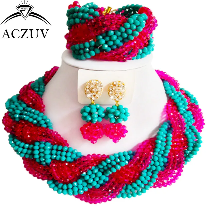ACZUV новейший Аква синий ярко-розовый кристалл витое ожерелье браслет и серьги африканские бусы комплект ювелирных изделий для свадьбы A12R004
