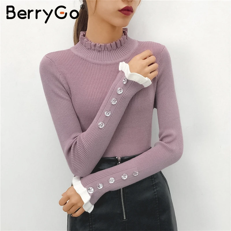 BerryGo Black ruffled women knitted sweater Long sleeve striped button female pullover jumper Turtle neck office ladies sweaters | Женская