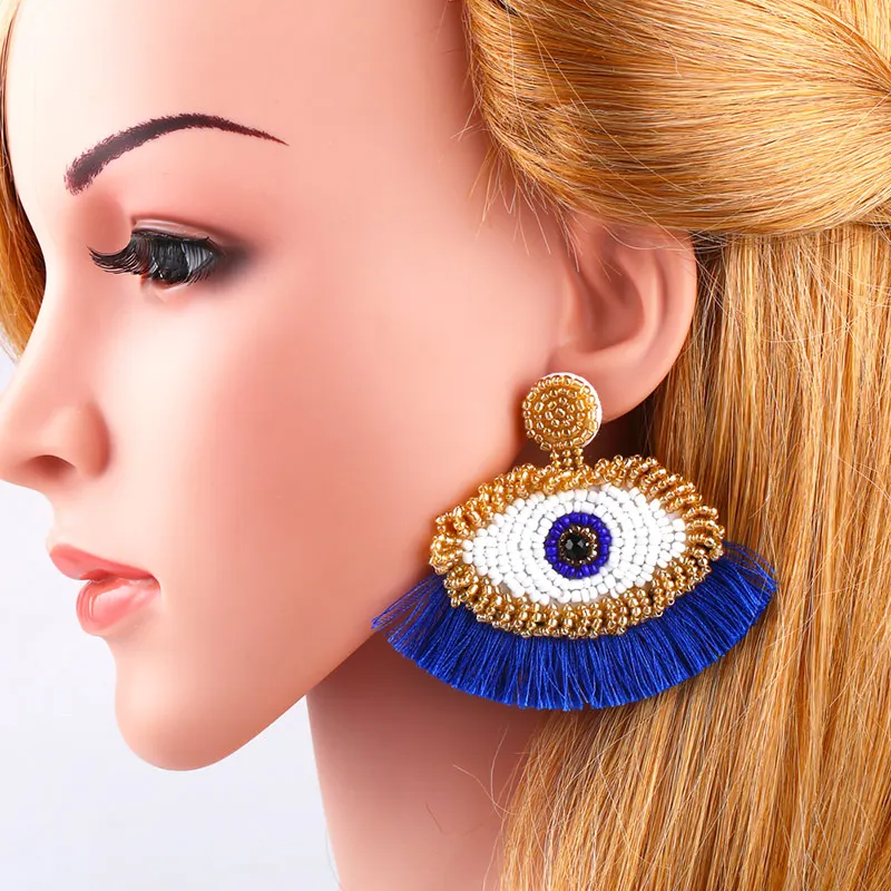 OCESRIO Lucky Evil Eye Earring Women Girl Handmade Big Tassel Statement Earrings Party Gifts Ethnic Style Jewelry ers-q50 | Украшения и