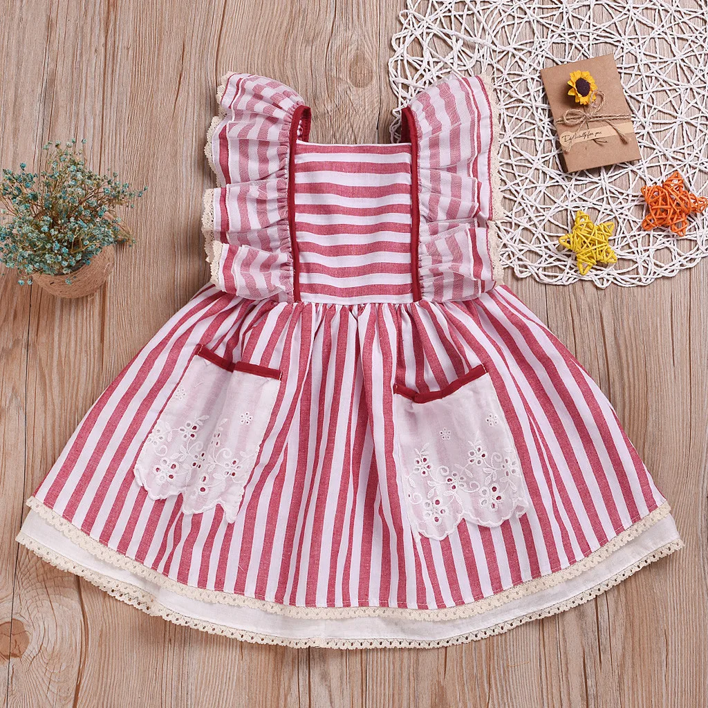 Toddler Kids Baby Girls Striped Lace Ruffled Princess Cake Pompous Party Dress Sleeveless Flower Ball Gown Kid Red | Детская одежда и