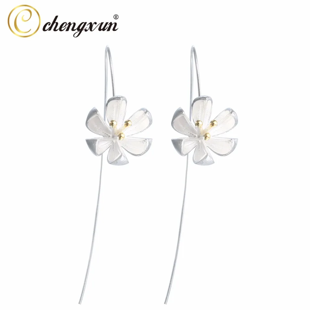 CHENGXUN 1 Пара висячие серьги-гвоздики в виде цветка с золотыми тычинками длинные