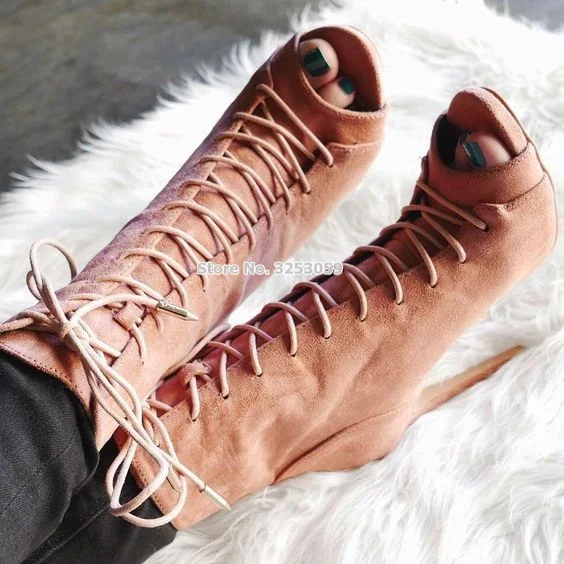 

ALMUDENA Women Elegant Beige Suede Ankle Boots Lace-up Open Toe Stiletto Heels Booties Nightclub Dress Shoes Motorcycle Boots