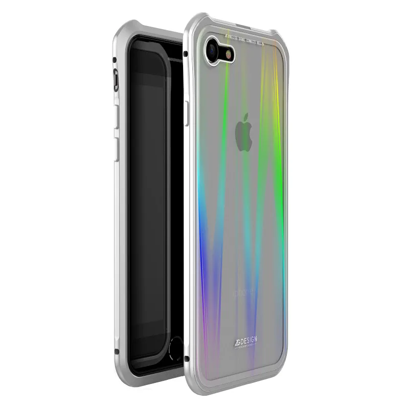 silver Роскошные Лазерная Аврора Красочные Магнитные Кнопки чехол для iphone 7 iphone 8 7 plus X крышка магнита металлический бампер с закаленное стекло - Цвет: silver