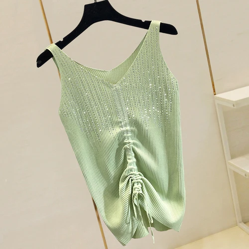 green Drawstring Летняя новинка, модная майка, майки, футболки для женщин, сверхпрочные глажки и сверления, вязаные топы, внутренняя одежда и верхняя одежда, Женский Топ - Цвет: green Drawstring