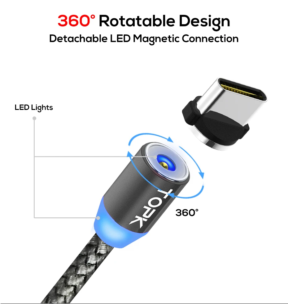 TOPK AM17 1 M Магнитный зарядный кабель, Тип usb C кабель магнит Зарядное устройство для iPhone XR XS Max samsung huawei XiaoMi Redmi note 7