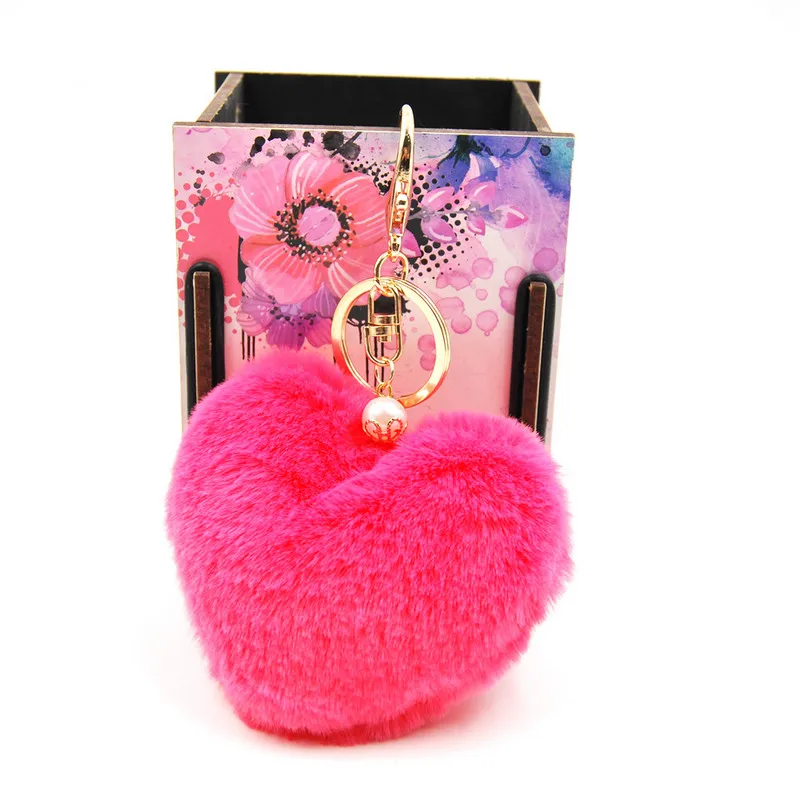 

Fashion Fluffy Heart Faux Rex Rabbit Fur Ball Pom Pom Keychain Woman Bag Charms Keyring Man Car Key Ring Chain Trinket Jewelry