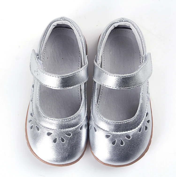Обувь для девочек кожаная Серебристая Мэри Джейн мягкая малышей с цветочным