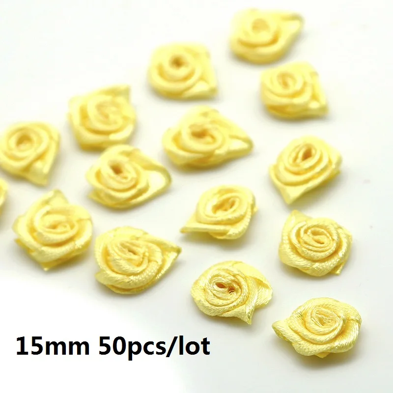 1.5cm Yellow Шелковый 15/20/30 мм мини цветы-розочки головка атласной лентой лук Свадебные украшения искусство ремесла Сделай Сам вечерние домашней одежды Декор поставки - Цвет: 1.5cm Yellow
