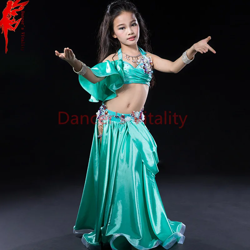 luxury silk dress handmade beaded belly dance costume girl 3 piece set for children internship performance skirt red royal blue |