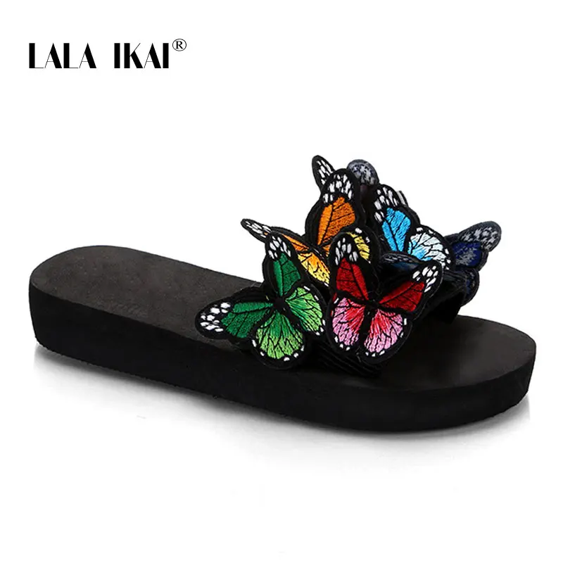 Colorful LALA IKAI/женские шлепанцы; сезон лето; шлепанцы с объемной вышивкой бабочки; пляжные шлепанцы; повседневная женская обувь на плоской подошве; 014A3757-4 - Цвет: Colorful