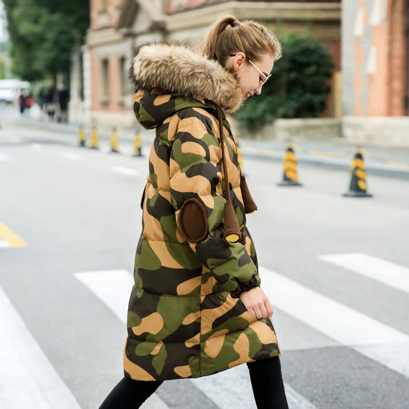 Winter British style good quality Camouflage real duck down coat female fur collar hooded long thicker warm wq717 | Женская одежда