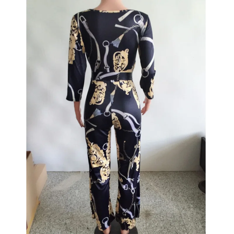 

Long Rompers Women Wide Leg Bodycon Long Sleeve Jumpsuits Spring Fashion Female Floral Print V-Neck Jumpsuit