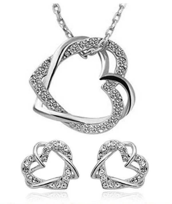 Fashion vintage spirally-wound hot-selling full rhinestone double heart necklace ring earrings jewelry set | Украшения и