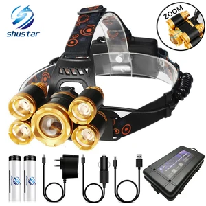 Суперъяркий светодиодный налобный фонарь, 5 светодиодов T6, водонепроницаемый светодиодный налобный фонарь с бусинами, масштабируемая лампа для рыбалки, лампа для кемпинга с аккумулятором 18650