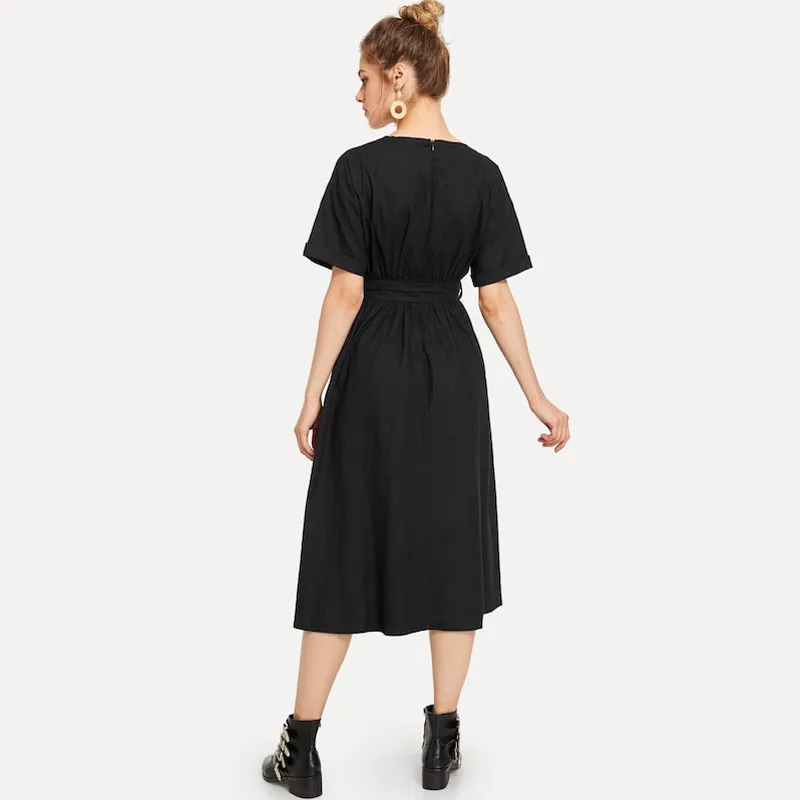 

2019 Women Summer Dress Sexy & Club Party Night Black Casual Vintage Black Midi Office Dress