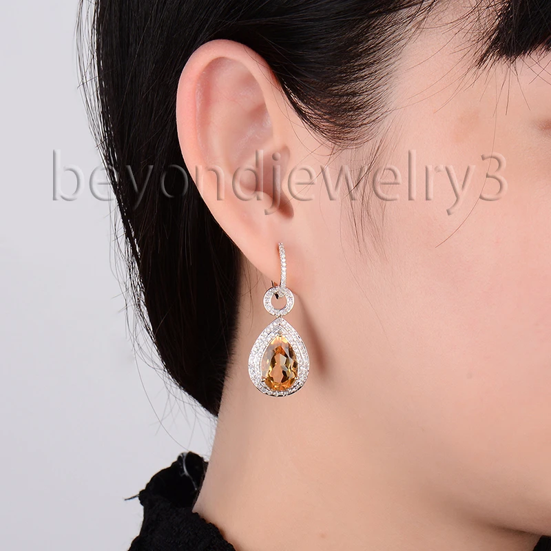 Изящные женские серьги из натурального цитрина груша 10x14 мм 14kt желтое золото