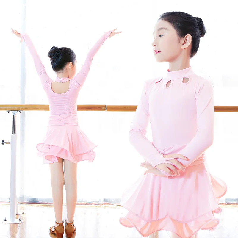 Latin Dance Dresses For Girls Kids Competition Skirt Dress Performance Salsa Pink Standing Collar Suit | Тематическая одежда и