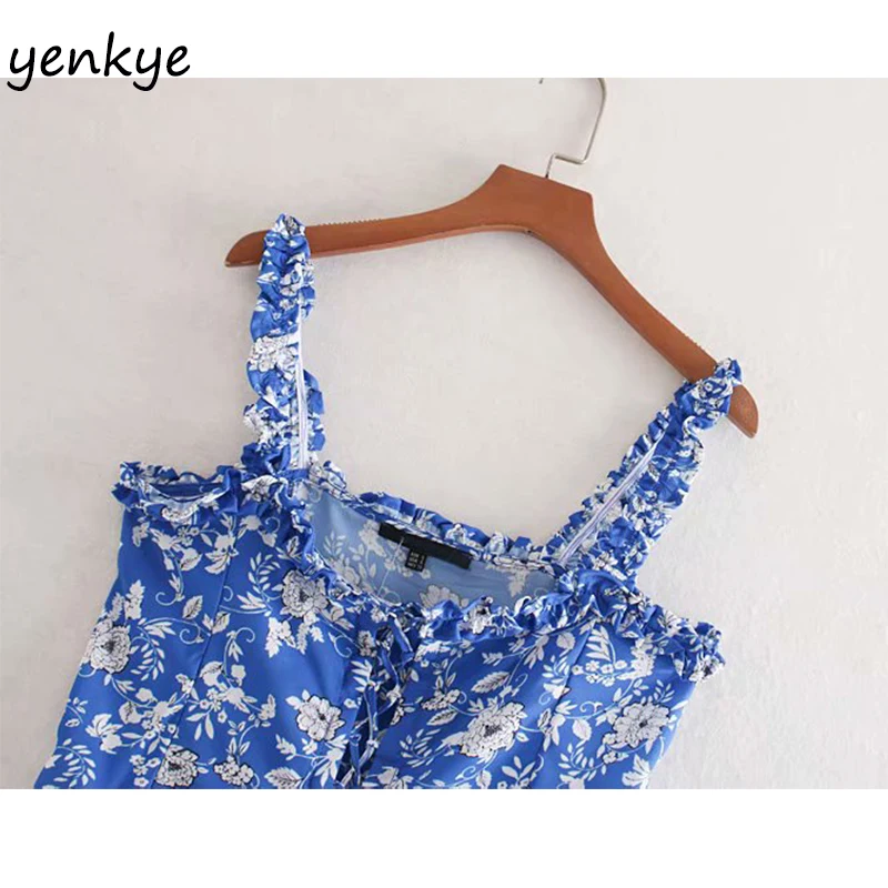 Modis 2019 женский синий цветочный принт укороченный Топ Леди спереди регулируемый