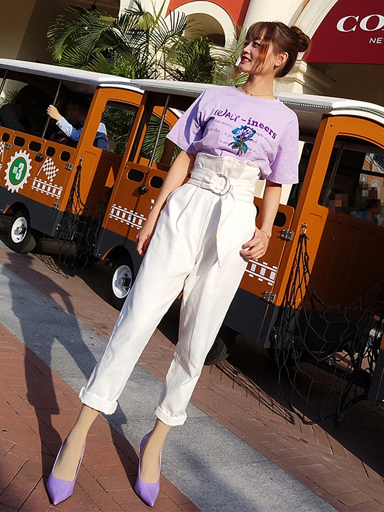 Брюки шаровары женские с завышенной талией и цветочным поясом тонкие белые