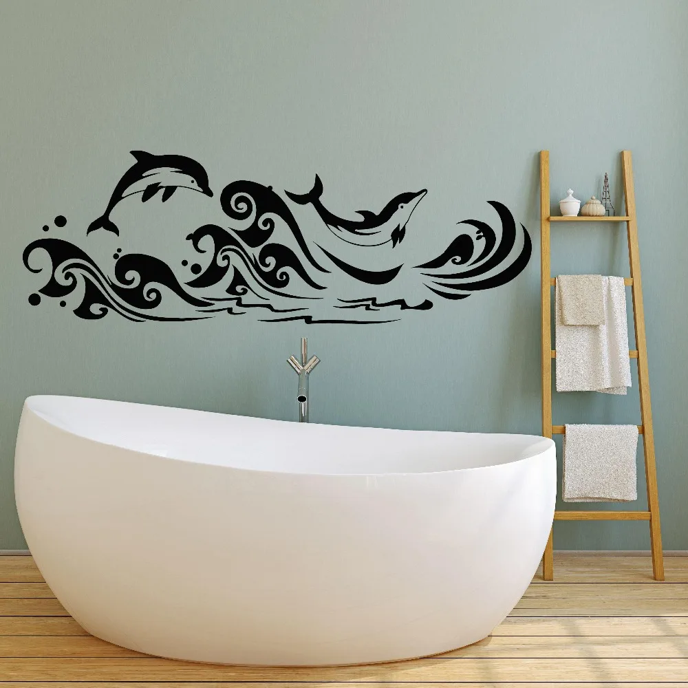 Dolphins Sea Waves Marine Style Vinyl Wall Decal Home Decor Bathroom Art Mural Removable Stickers | Дом и сад