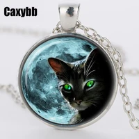 blue moon black cat crystal necklace for women silver chain summer style green lace collar cat eye crystal pendants jewelry