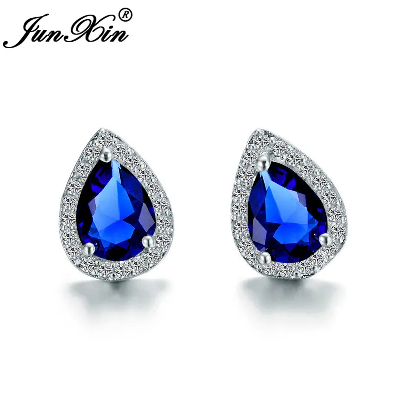 Blue Stud Earrings JUNXIN, грушевидная огранка, разноцветный камень, каплевидные серьги-гвоздики для женщин, циркон, 925 пробы, серебро, заполненные синим огненным опалом, серьги, подарок - Окраска металла: Blue Stud Earrings