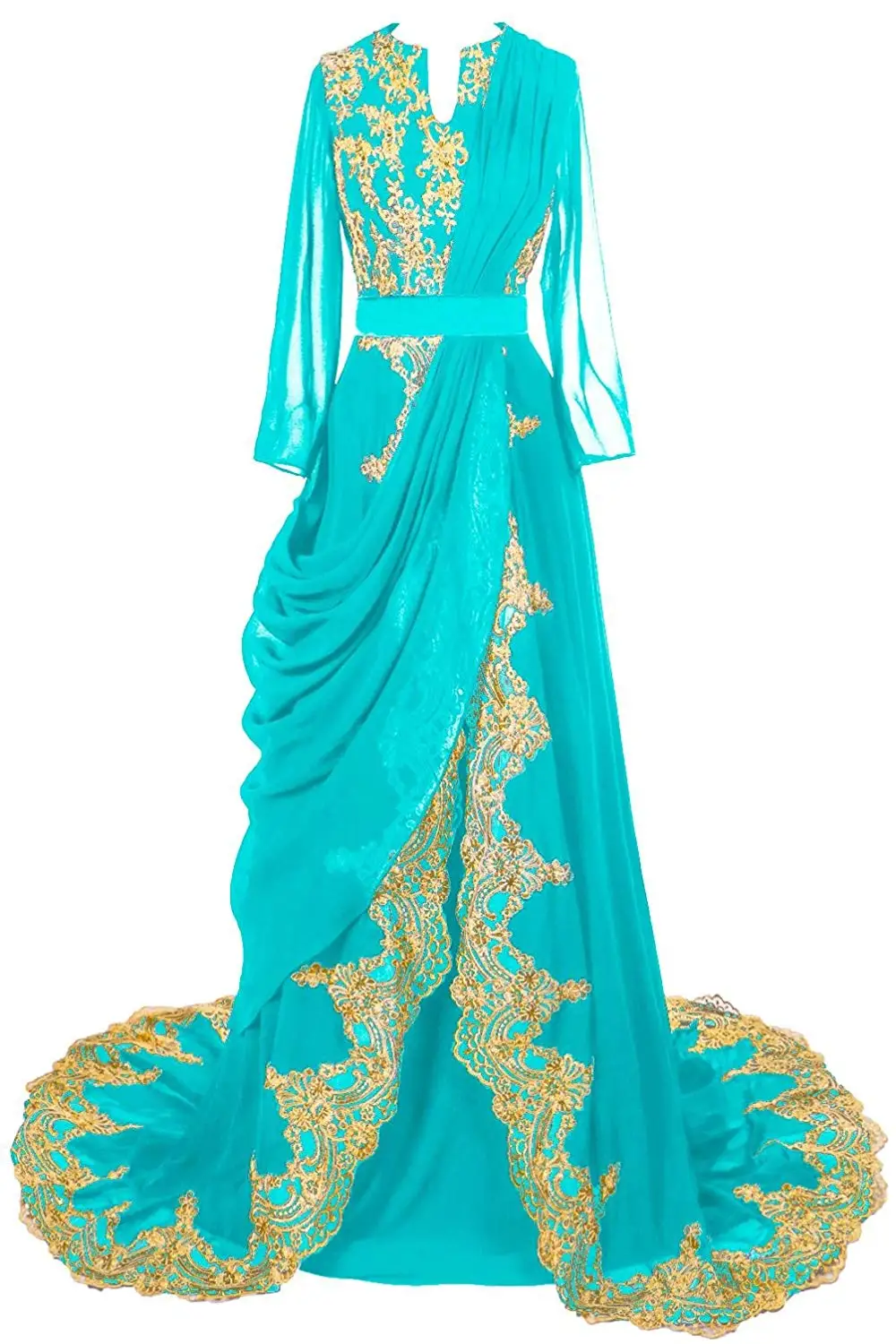 Turquoise JaneVini арабский длинным рукавом Для женщин платье для выпускного вечера с золотыми кружевами элегантные длинные бордовые платья подружек невесты Кафтан Дубай вечерние платья - Цвет: Turquoise