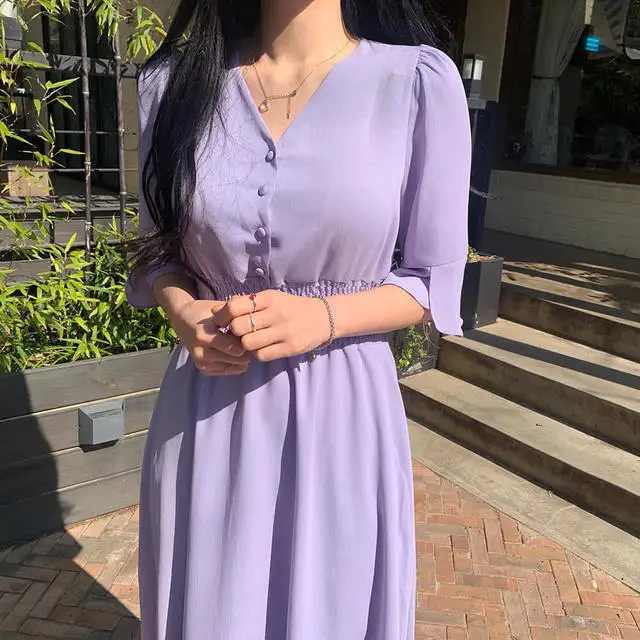 GRUIICEEN elastic waist V-neck women summer dress single breasted solid color ladies dresses 2019 new arrival GY2018712 | Женская одежда