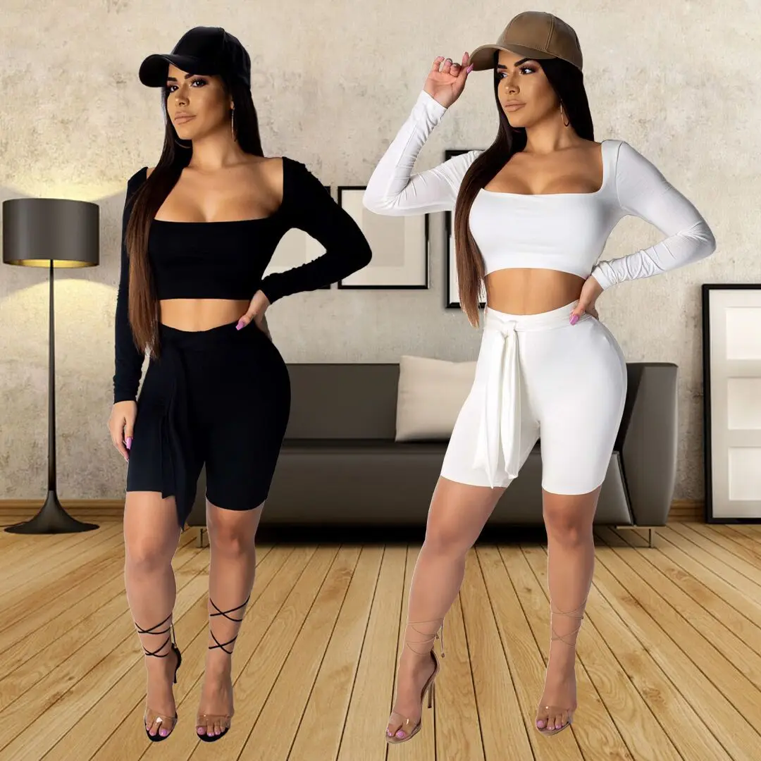 2019 Women Long Sleeve Crop Top Knee Length Skinny Pants Bodycon Sexy Two Piece Beach Holiday Tracksuit Outfit Set 2 Color YS255 | Женская